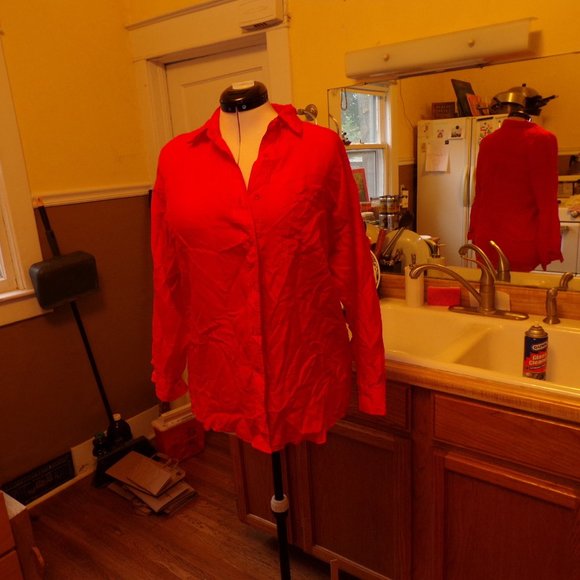 Protest semi-sheer red orange 100% silk button-down blouse - Picture 1 of 8